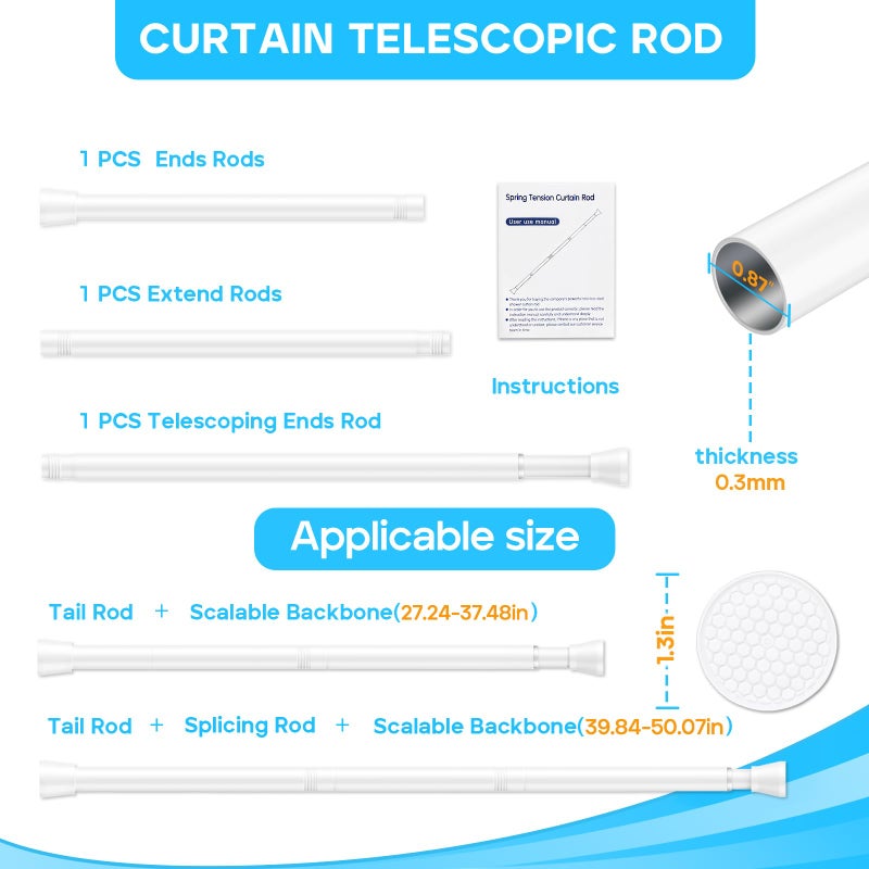 MEXAU White Tension Curtain Rod for Windows 28 to 48 inch, Adjustable Expandable Pressure Spring Curtain Rod No Drilling, 7/8" Curtain Rod for Bedroom Doorway Closet Door - Image 2