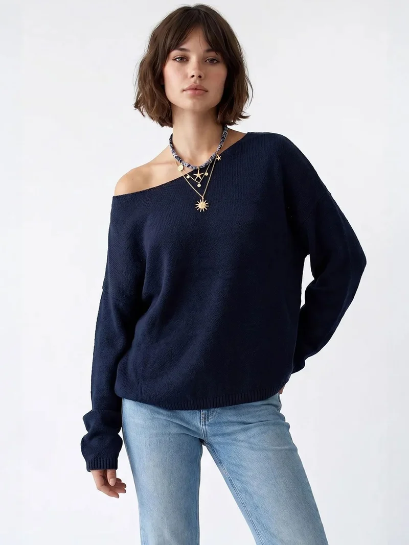 ميكسراي MIXRAY Oversized Boat Neck Knit Sweater