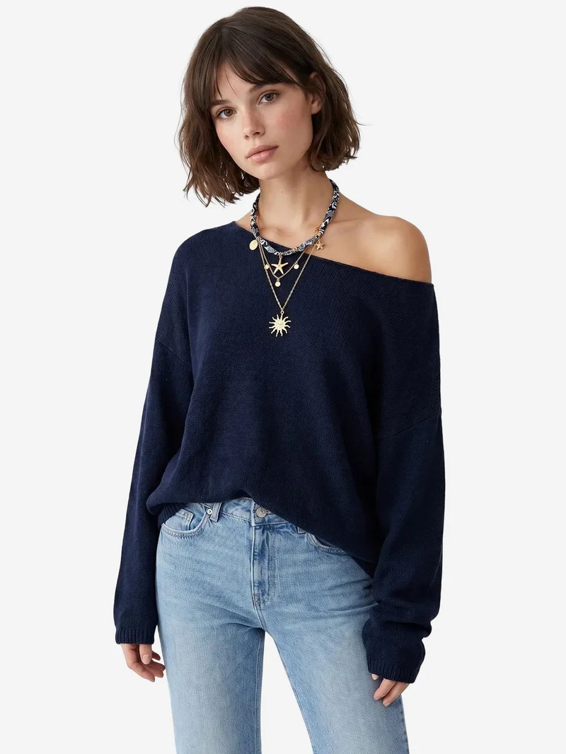 Mixray Navy Blue MIXRAY Oversized Boat Neck Knit Sweater for Women | Best Price UAE