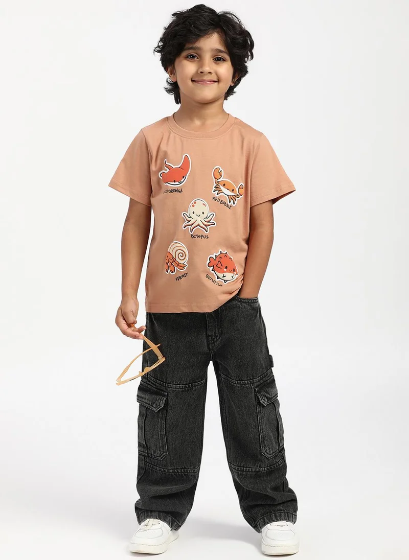Nautinati Brown Nautinati Boys' Cotton Beach Print Rib Collar T-shirt for Men | Best Price UAE