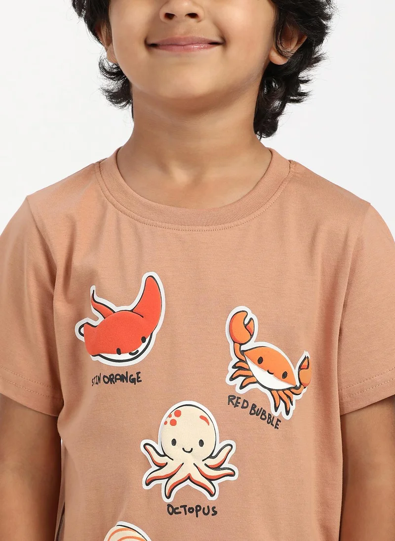 Nautinati Brown Nautinati Boys' Cotton Beach Print Rib Collar T-shirt for Men | Best Price UAE
