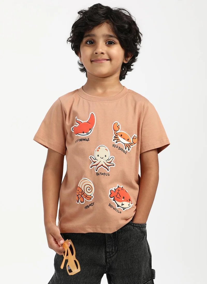 Nautinati Brown Nautinati Boys' Cotton Beach Print Rib Collar T-shirt for Men | Best Price UAE