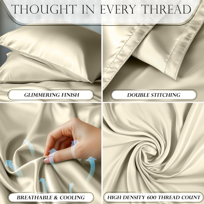DECOLURE Satin Sheets Full Size Set 4 Pcs - Silky & Luxuriously Soft Satin Bed Sheets w/ 15inch Deep Pocket - Similar to Silk Sheets - Double Stitching, Wrinkle Free (Champagne) - Image 3