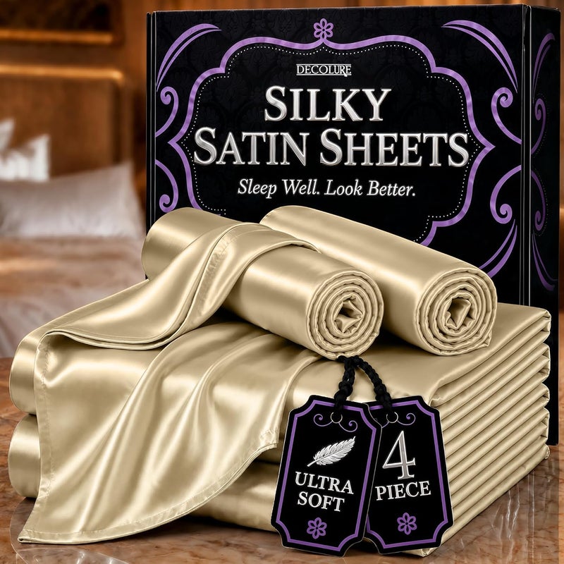 DECOLURE Satin Sheets Full Size Set 4 Pcs - Silky & Luxuriously Soft Satin Bed Sheets w/ 15inch Deep Pocket - Similar to Silk Sheets - Double Stitching, Wrinkle Free (Champagne) - Image 1