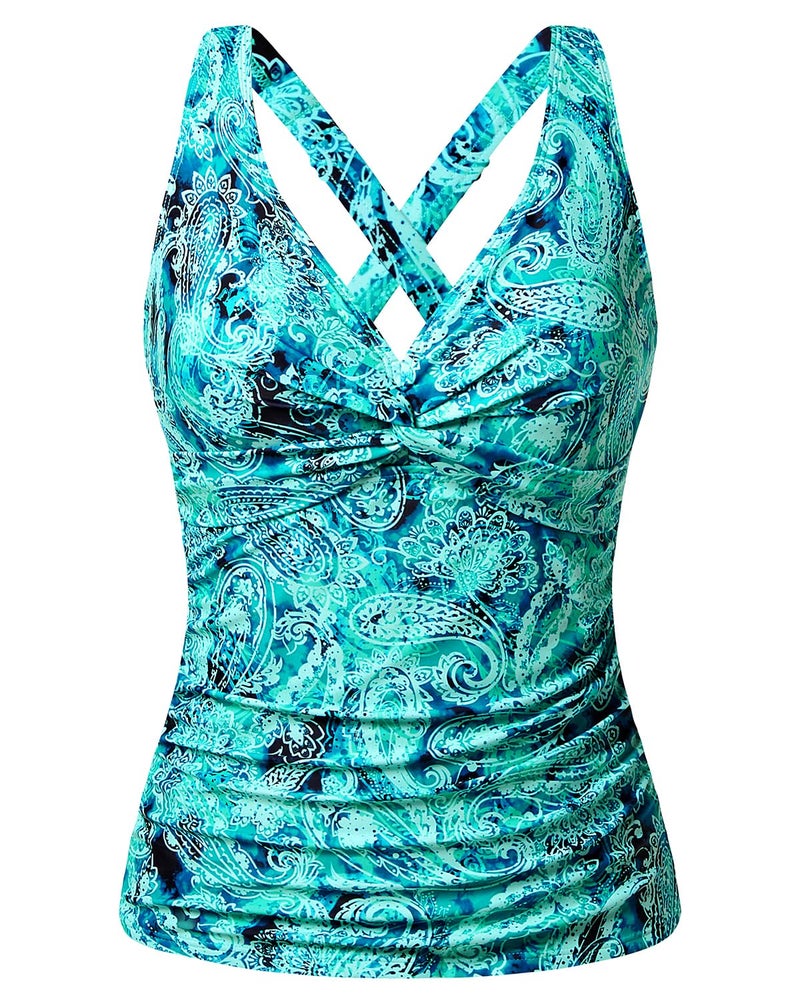 Tempt Me Women Underwire Tankini Top Only - Tummy Control Bathing Suit Top Twist Front Swim Top Criss Cross Back Swimsuit 2025 Green Paisley L - Image 1