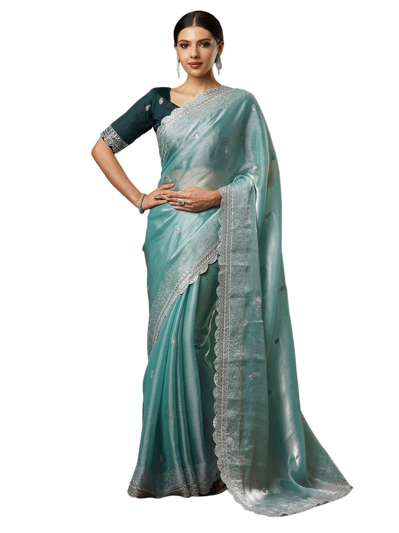 Satrani Women's Tissue Silk Sequence Embroidery Scalloped Border Saree with Unstitched Blouse Piece (3900S131N_Sky Blue) - Image 1
