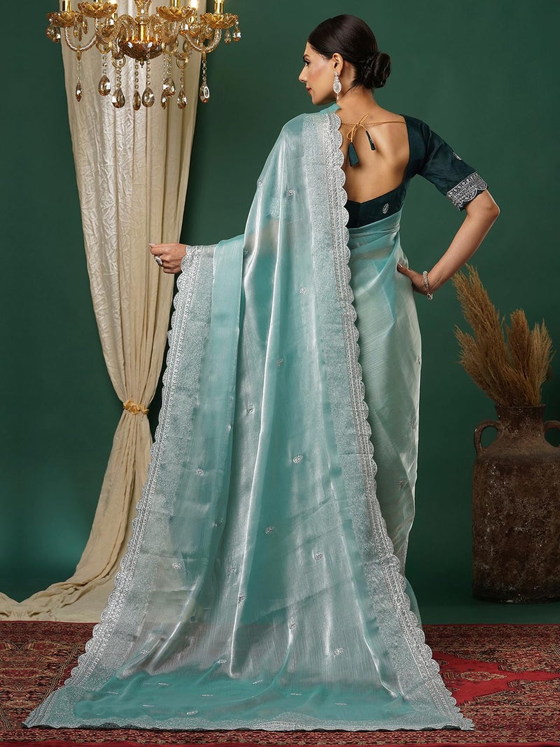 Satrani Women's Tissue Silk Sequence Embroidery Scalloped Border Saree with Unstitched Blouse Piece (3900S131N_Sky Blue) - Image 3
