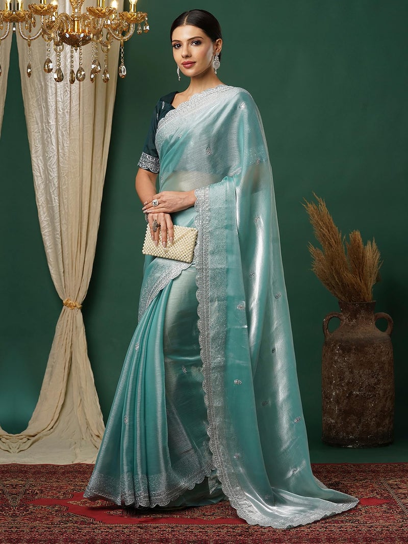 Satrani Women's Tissue Silk Sequence Embroidery Scalloped Border Saree with Unstitched Blouse Piece (3900S131N_Sky Blue) - Image 2