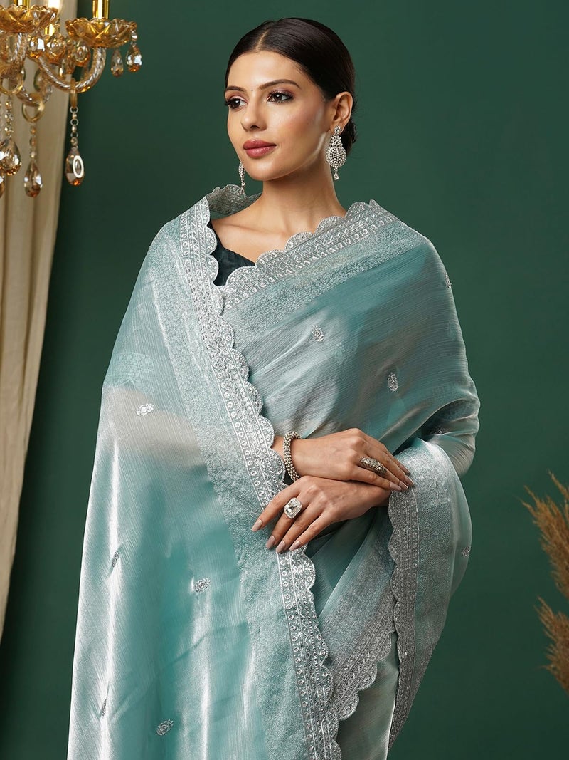 Satrani Women's Tissue Silk Sequence Embroidery Scalloped Border Saree with Unstitched Blouse Piece (3900S131N_Sky Blue) - Image 4