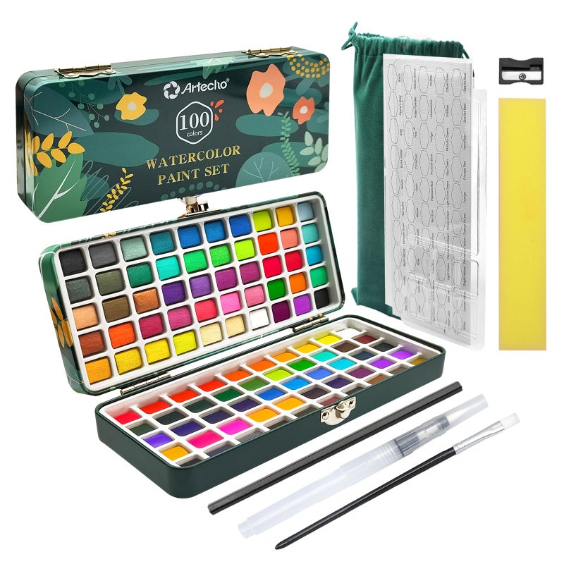 Artecho Watercolor Paint Set 100 Colors with Metallic in Portable Box, Paint Kit with Watercolor Papers and Brushes, Water Color Set for Beginners & Professionals - Image 1