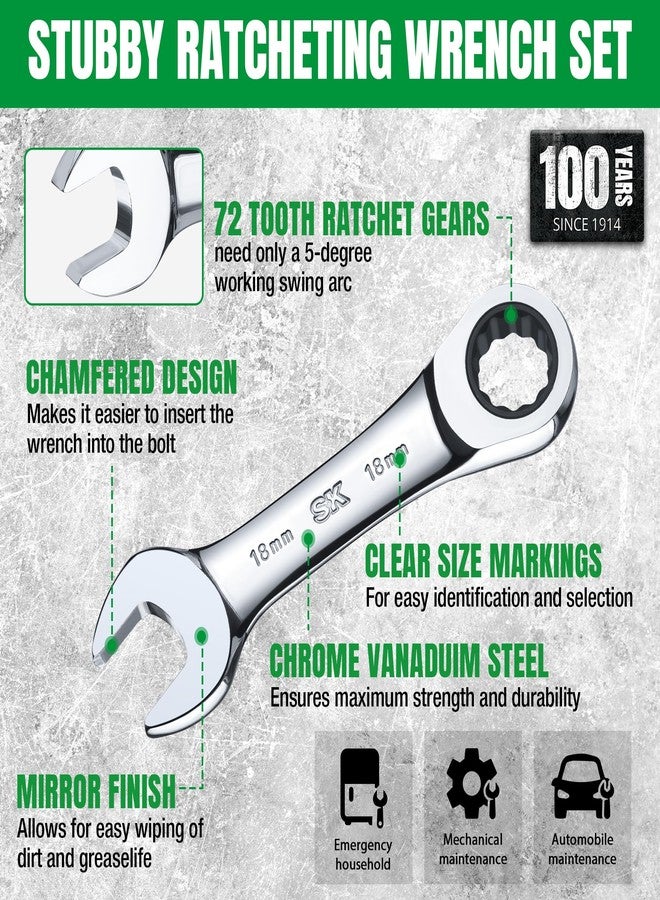 SK Stubby Ratcheting Wrench Set, Combination Wrench Set, 14-Piece, SAE & Metric, 72-Tooth, CR-V Steel, with Rolling Pouch - Image 4