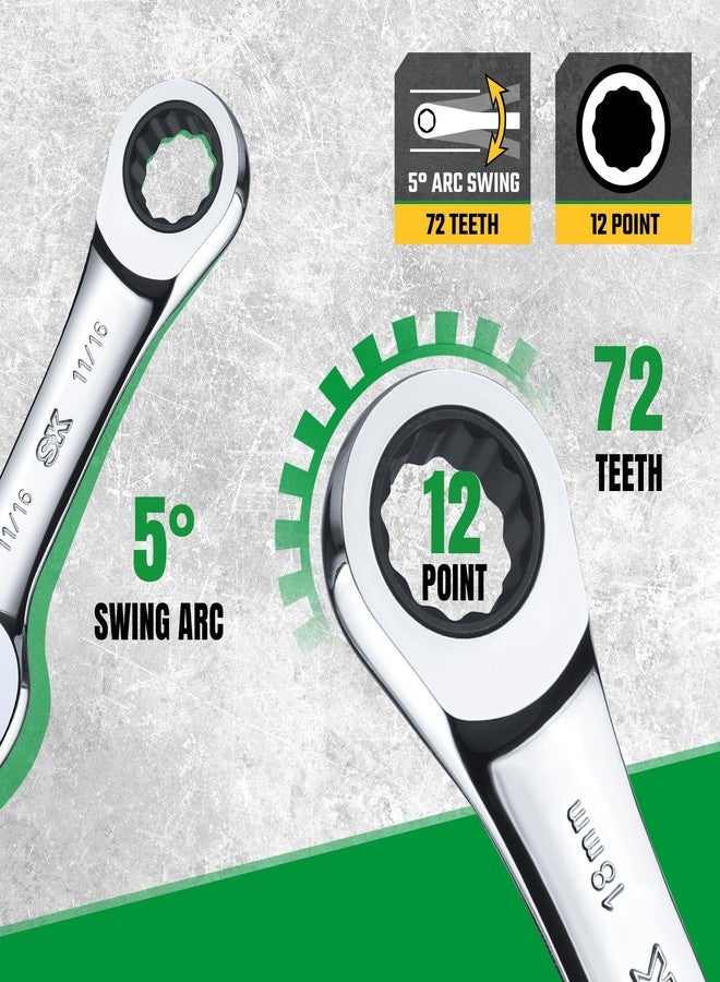 SK Stubby Ratcheting Wrench Set, Combination Wrench Set, 14-Piece, SAE & Metric, 72-Tooth, CR-V Steel, with Rolling Pouch - Image 5