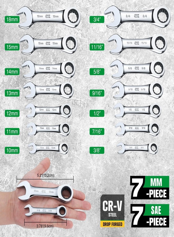 SK Stubby Ratcheting Wrench Set, Combination Wrench Set, 14-Piece, SAE & Metric, 72-Tooth, CR-V Steel, with Rolling Pouch - Image 3