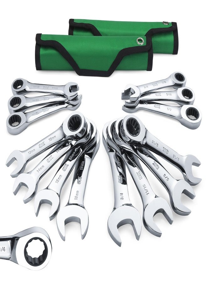 SK Stubby Ratcheting Wrench Set, Combination Wrench Set, 14-Piece, SAE & Metric, 72-Tooth, CR-V Steel, with Rolling Pouch - Image 1