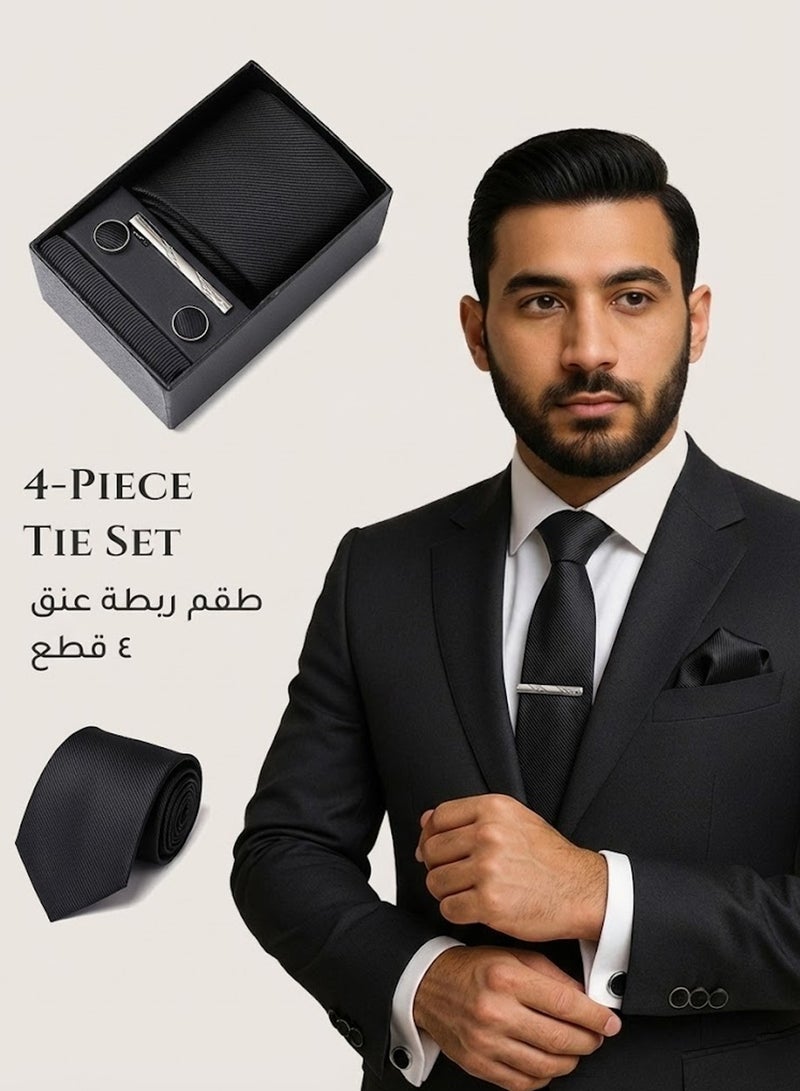 فوريكاسا طقم ربطة عنق رجالي من 4 قطع – تصميم أسود كلاسيكي بخطوط مائلة مع ربطة، منديل جيب، أزرار أكمام، مشبك وعلبة هدايا - Image 1