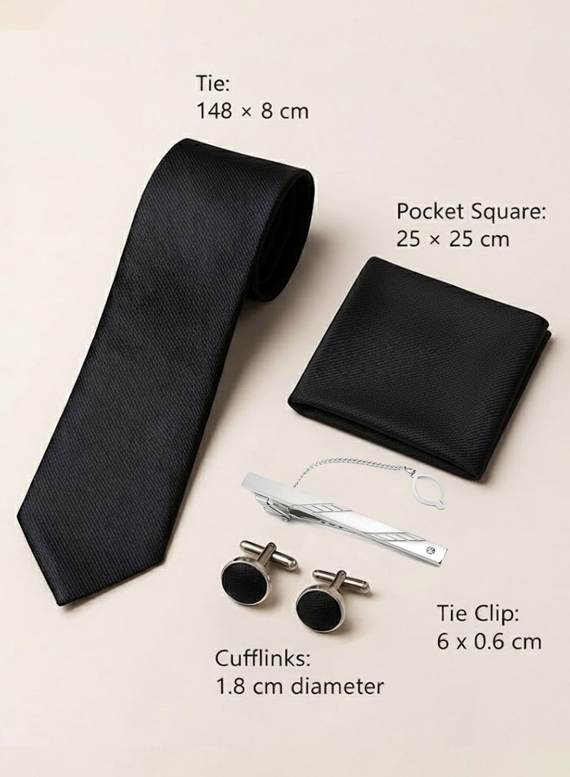فوريكاسا طقم ربطة عنق رجالي من 4 قطع – تصميم أسود كلاسيكي بخطوط مائلة مع ربطة، منديل جيب، أزرار أكمام، مشبك وعلبة هدايا - Image 2