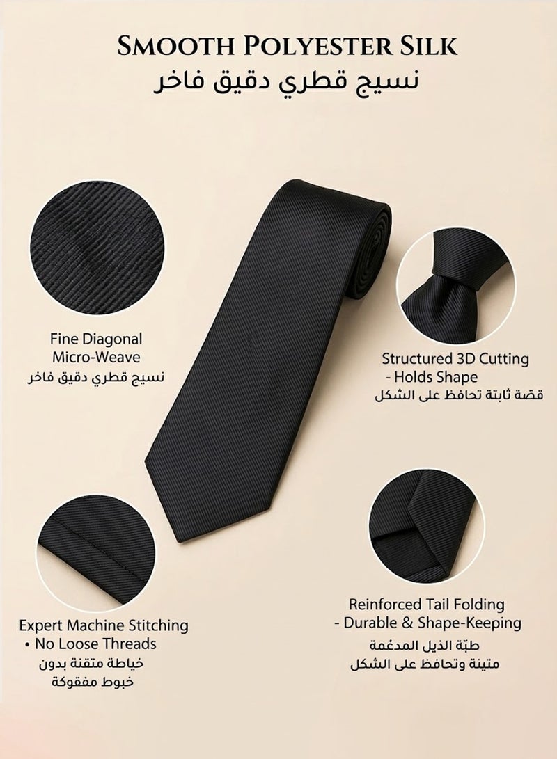 فوريكاسا طقم ربطة عنق رجالي من 4 قطع – تصميم أسود كلاسيكي بخطوط مائلة مع ربطة، منديل جيب، أزرار أكمام، مشبك وعلبة هدايا - Image 3