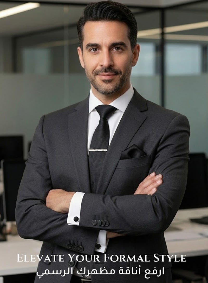 فوريكاسا طقم ربطة عنق رجالي من 4 قطع – تصميم أسود كلاسيكي بخطوط مائلة مع ربطة، منديل جيب، أزرار أكمام، مشبك وعلبة هدايا - Image 5