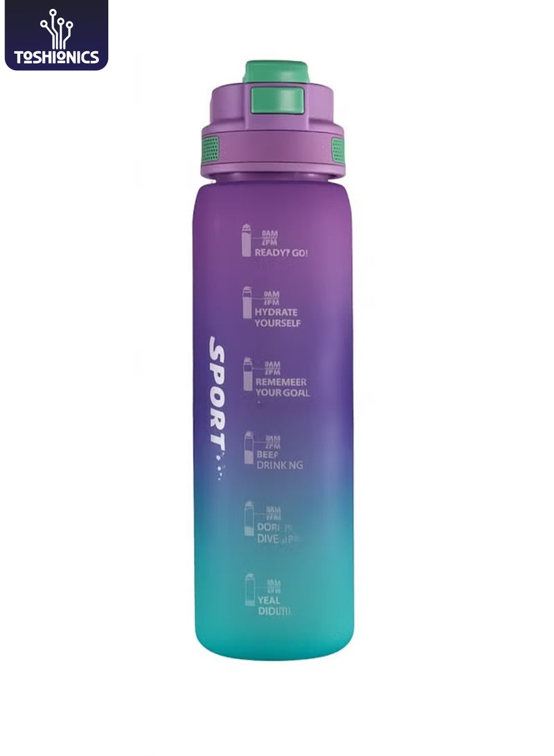 توشيونيكس زجاجة مياه رياضية تحفيزية سعة 1000 مل مع علامات زمنية، وغطاء يعمل بلمسة واحدة، وقشة مدمجة قابلة للطي، ومقبض حمل واحد وغطاء غير قابل للانزلاق - خالية من مادة BPA، وغطاء مانع للتسرب، وصديقة للبيئة، مصنوعة من البلاستيك، وقابلة لإعادة الاستخدام، وزجاجة مياه تذكيرية للشرب للبالغين والأطفال في المدرسة والمكتب والترطيب اليومي والصالة الرياضية واللياقة البدنية والأنشطة الخارجية والرياضة والسفر، زجاجة سعة 32 أونصة - Image 1