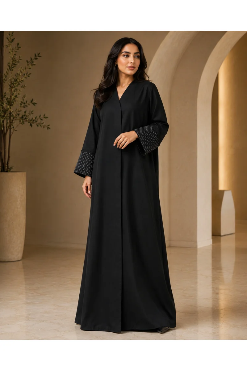 Kavalee Women's Luxury Black Closed Abaya with Micro Polka-Dot Statement Cuffs, Beaded Trim & Hidden Button Closure