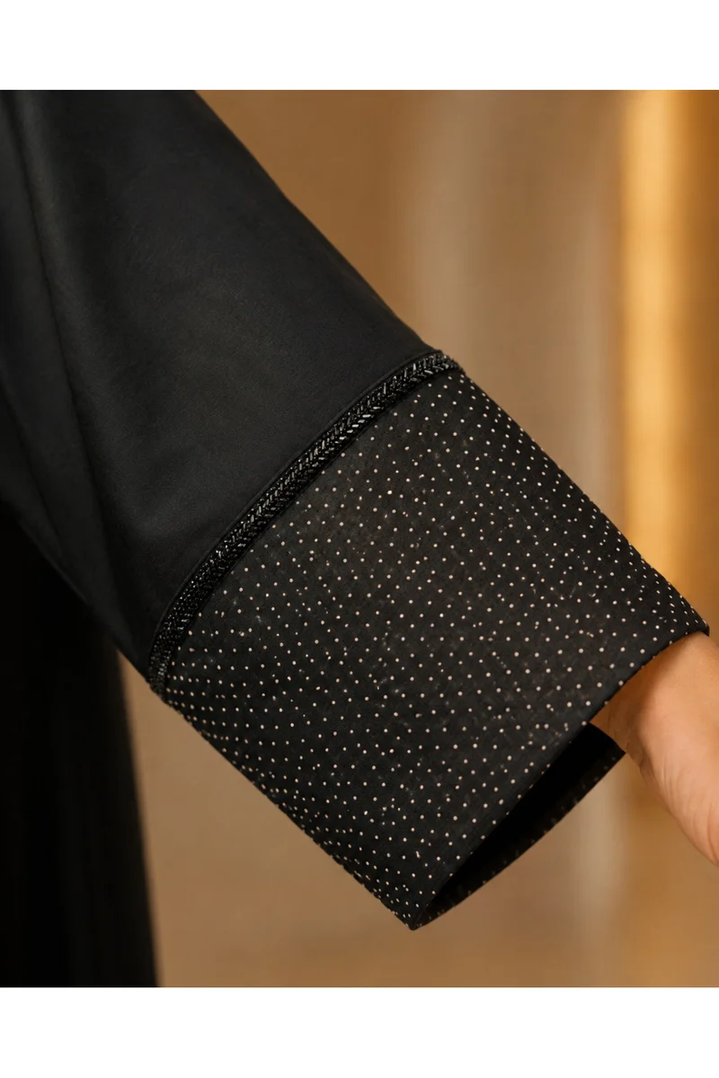 Kavalee Women's Luxury Black Closed Abaya with Micro Polka-Dot Statement Cuffs, Beaded Trim & Hidden Button Closure