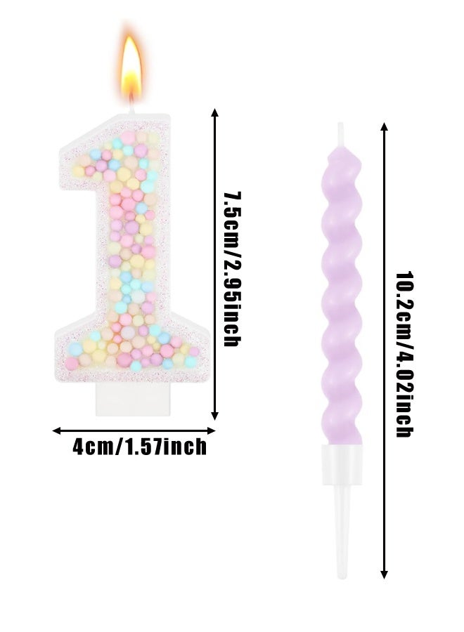 شمعة عيد ميلاد رقم 1 مع 12 شمعة حلزونية، غطاء كعكة وردي على شكل وحيد القرن بألوان قوس قزح من الماكارون الباستيل لتزيين الحفلات ذات الطابع الحلو - Image 2