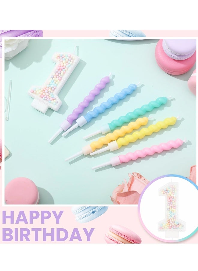 شمعة عيد ميلاد رقم 1 مع 12 شمعة حلزونية، غطاء كعكة وردي على شكل وحيد القرن بألوان قوس قزح من الماكارون الباستيل لتزيين الحفلات ذات الطابع الحلو - Image 3