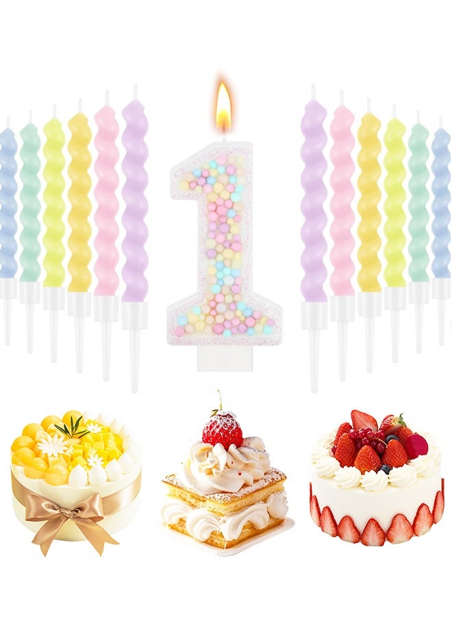 شمعة عيد ميلاد رقم 1 مع 12 شمعة حلزونية، غطاء كعكة وردي على شكل وحيد القرن بألوان قوس قزح من الماكارون الباستيل لتزيين الحفلات ذات الطابع الحلو - Image 1