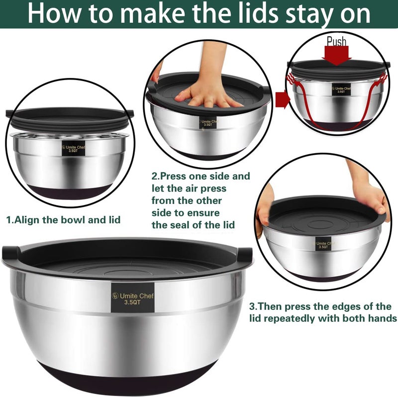 Umite Chef Mixing Bowls with Airtight Lidsï¼Œ6 piece Stainless Steel Metal Nesting Storage Bowls, Non-Slip Bottoms Size 7, 3.5, 2.5, 2.0,1.5, 1QT, Great for Mixing & Serving(Black) - Image 2
