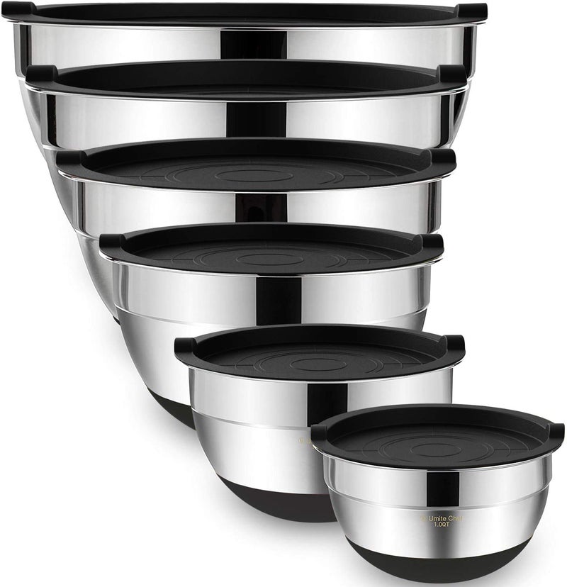 Umite Chef Mixing Bowls with Airtight Lidsï¼Œ6 piece Stainless Steel Metal Nesting Storage Bowls, Non-Slip Bottoms Size 7, 3.5, 2.5, 2.0,1.5, 1QT, Great for Mixing & Serving(Black) - Image 1