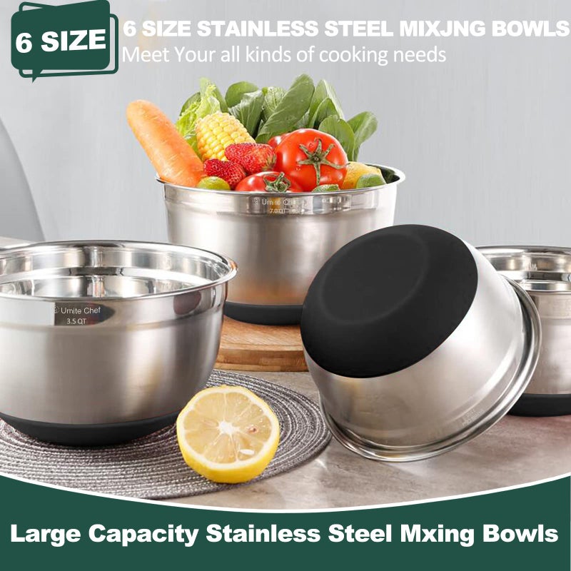 Umite Chef Mixing Bowls with Airtight Lidsï¼Œ6 piece Stainless Steel Metal Nesting Storage Bowls, Non-Slip Bottoms Size 7, 3.5, 2.5, 2.0,1.5, 1QT, Great for Mixing & Serving(Black) - Image 4