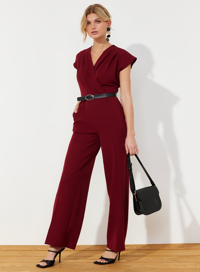 trendyol Burgundy Belted Double Breasted Collar Wide Leg Woven Jumpsuit - Image 1