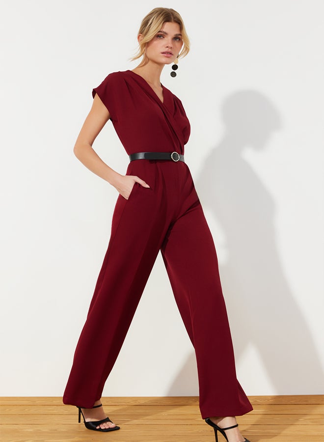 trendyol Burgundy Belted Double Breasted Collar Wide Leg Woven Jumpsuit - Image 2