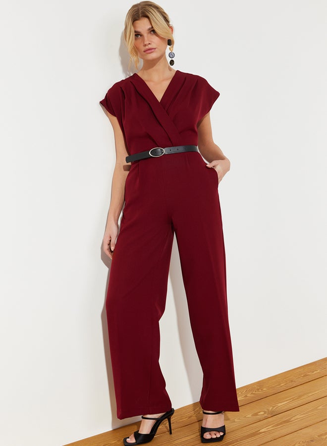 trendyol Burgundy Belted Double Breasted Collar Wide Leg Woven Jumpsuit - Image 3
