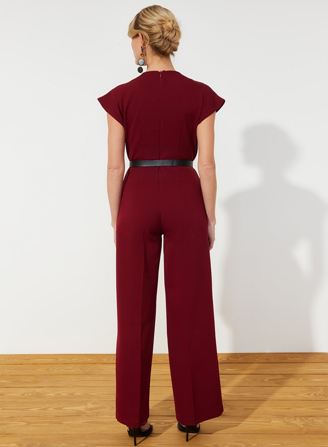 trendyol Burgundy Belted Double Breasted Collar Wide Leg Woven Jumpsuit - Image 5