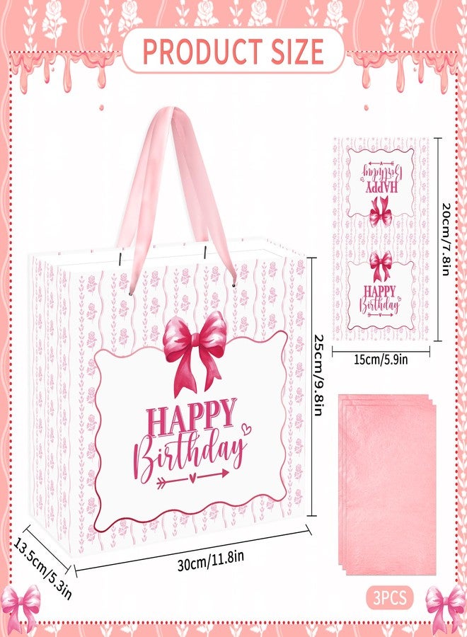 EoBeCy Happy Birthday Gift Bag, Pink Conquette Bow Gift Wrapping Bags with Handles, Tissue Paper and Greeting Card for Girls Women Birthday Party Favors Supplies - Image 3