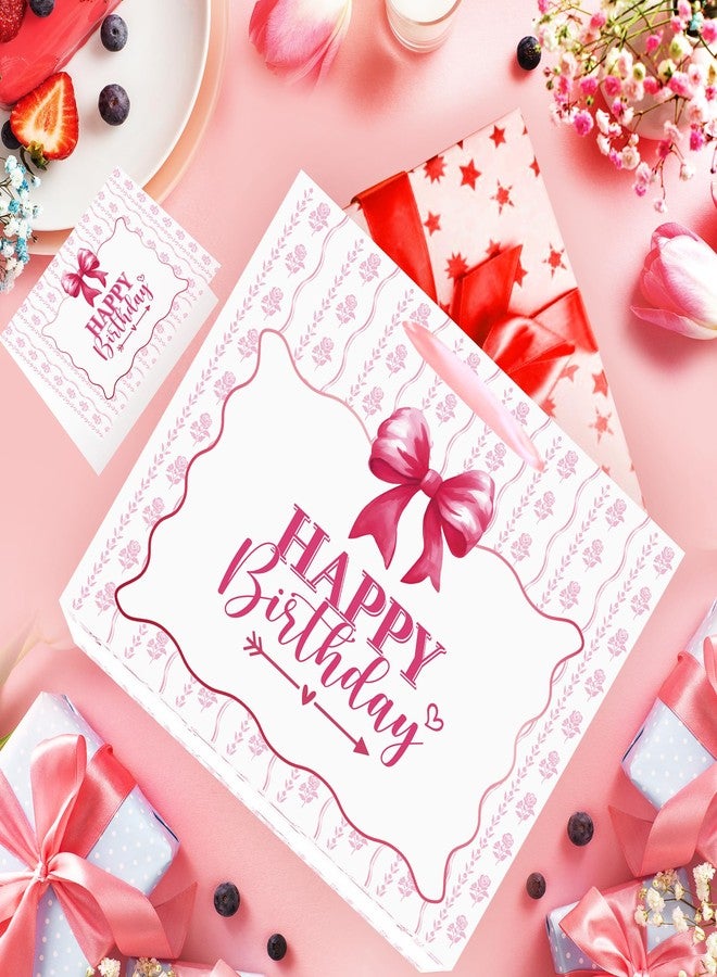 EoBeCy Happy Birthday Gift Bag, Pink Conquette Bow Gift Wrapping Bags with Handles, Tissue Paper and Greeting Card for Girls Women Birthday Party Favors Supplies - Image 2