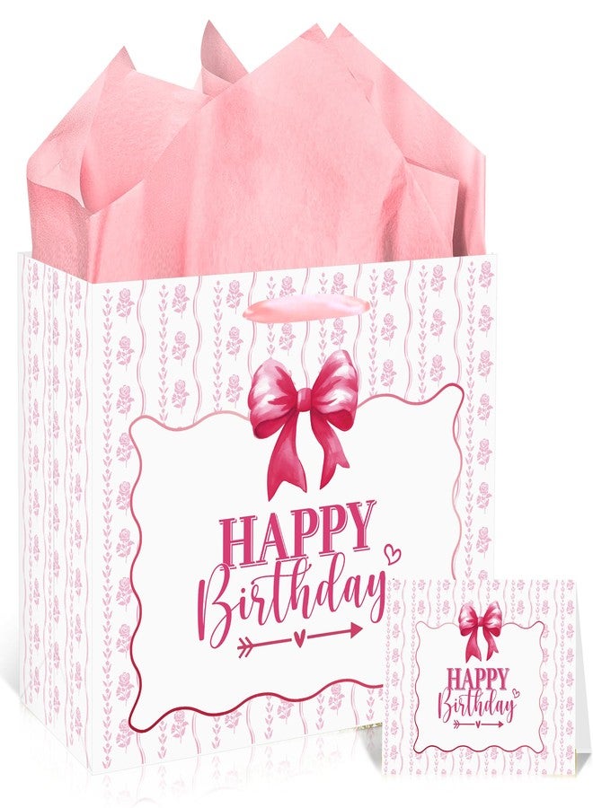 EoBeCy Happy Birthday Gift Bag, Pink Conquette Bow Gift Wrapping Bags with Handles, Tissue Paper and Greeting Card for Girls Women Birthday Party Favors Supplies - Image 1