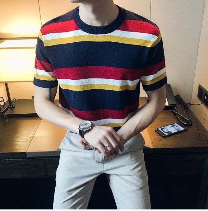Korean Style Striped Contrast Color Knitted Shirt Youth Fashion Round Neck Bottoming Shirt Men'S Ice Silk T-Shirt - Image 4