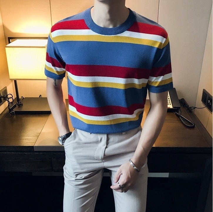 Korean Style Striped Contrast Color Knitted Shirt Youth Fashion Round Neck Bottoming Shirt Men'S Ice Silk T-Shirt - Image 1