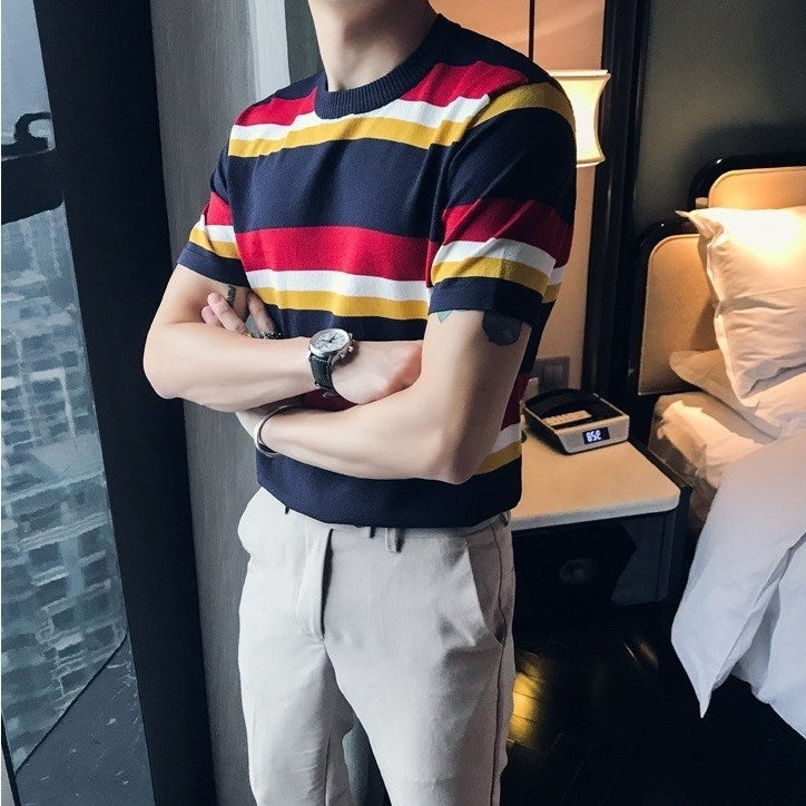 Korean Style Striped Contrast Color Knitted Shirt Youth Fashion Round Neck Bottoming Shirt Men'S Ice Silk T-Shirt - Image 5