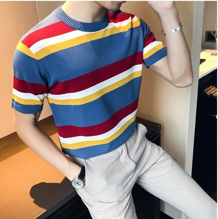 Korean Style Striped Contrast Color Knitted Shirt Youth Fashion Round Neck Bottoming Shirt Men'S Ice Silk T-Shirt - Image 2