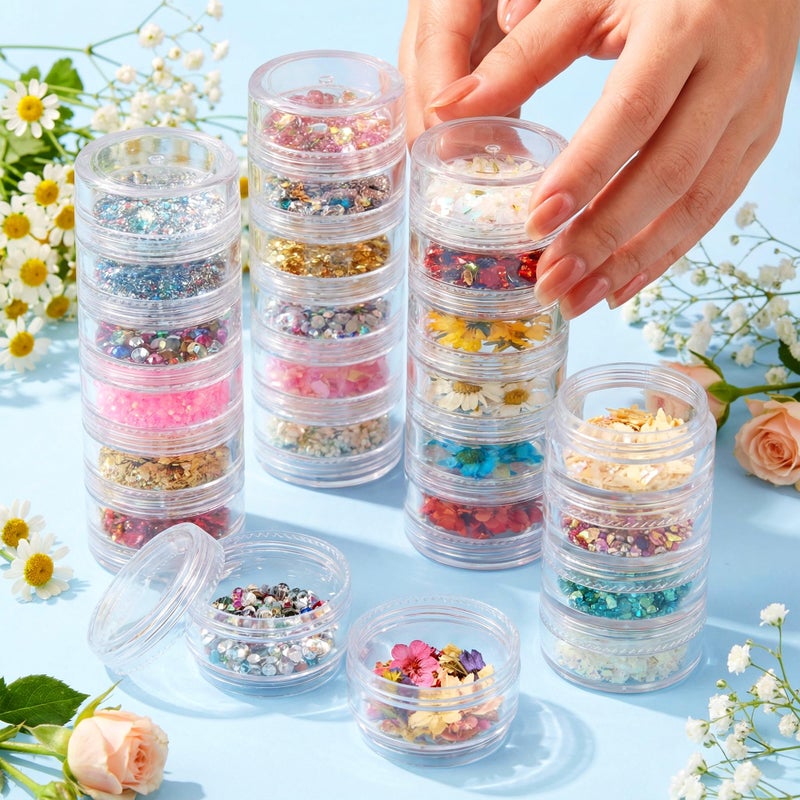 Fengek 6 Sets 6 Layer Stackable Plastic Containers, 10G/10ML Clear Cosmetic Storage Box Round Organizer Jars for Beads, Buttons, Small Jewelry Findings - Image 5