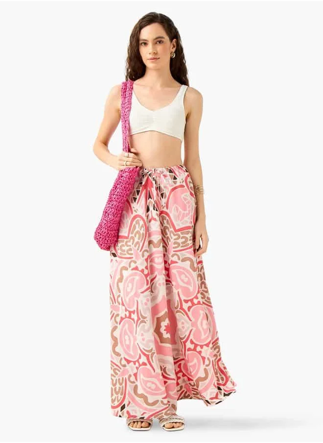 فاف Printed Maxi Skirt with Tie-Up Detail