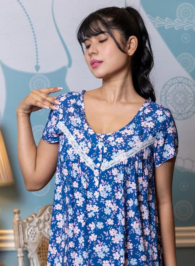 Aadaraya Aadaraya Night Dress Short Sleeves Printed