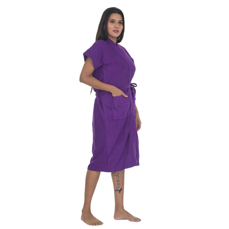 Poorak Dark Collection Solid Purple Color Half Sleeves Soft Terry Cotton Bathrobe for Women Free Size Upto 42 Inches - Image 2