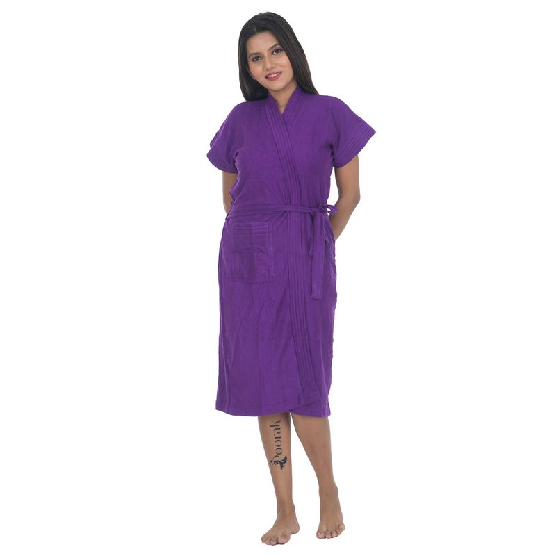Poorak Dark Collection Solid Purple Color Half Sleeves Soft Terry Cotton Bathrobe for Women Free Size Upto 42 Inches - Image 1
