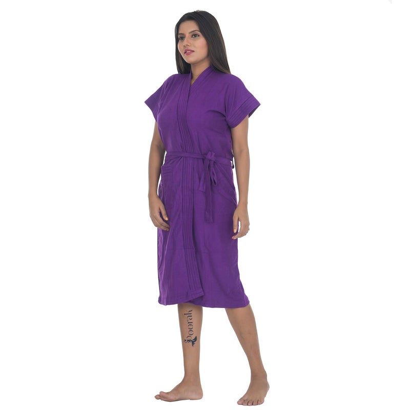 Poorak Dark Collection Solid Purple Color Half Sleeves Soft Terry Cotton Bathrobe for Women Free Size Upto 42 Inches - Image 3