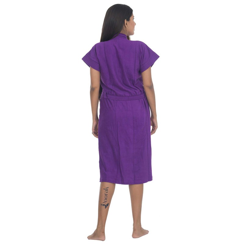 Poorak Dark Collection Solid Purple Color Half Sleeves Soft Terry Cotton Bathrobe for Women Free Size Upto 42 Inches - Image 4