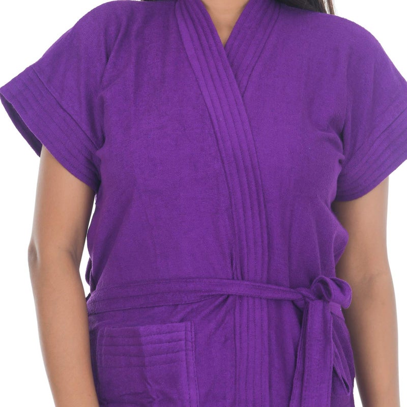 Poorak Dark Collection Solid Purple Color Half Sleeves Soft Terry Cotton Bathrobe for Women Free Size Upto 42 Inches - Image 5